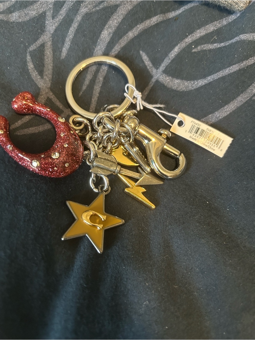 Coach Gold-Tone Star & Lightning Charm Keyring with Glitter Accent